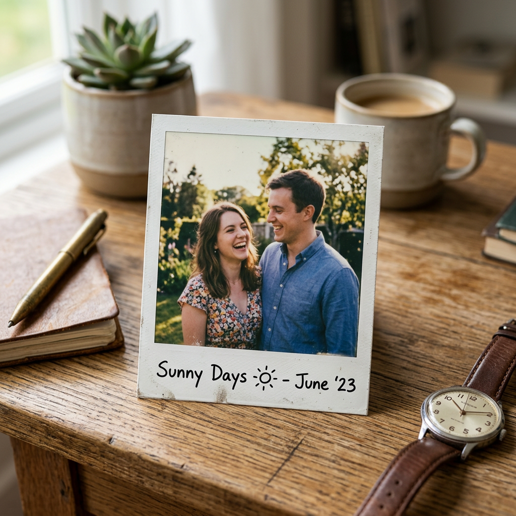 Polaroid photo of a smiling couple outdoors labeled Sunny Days June 23